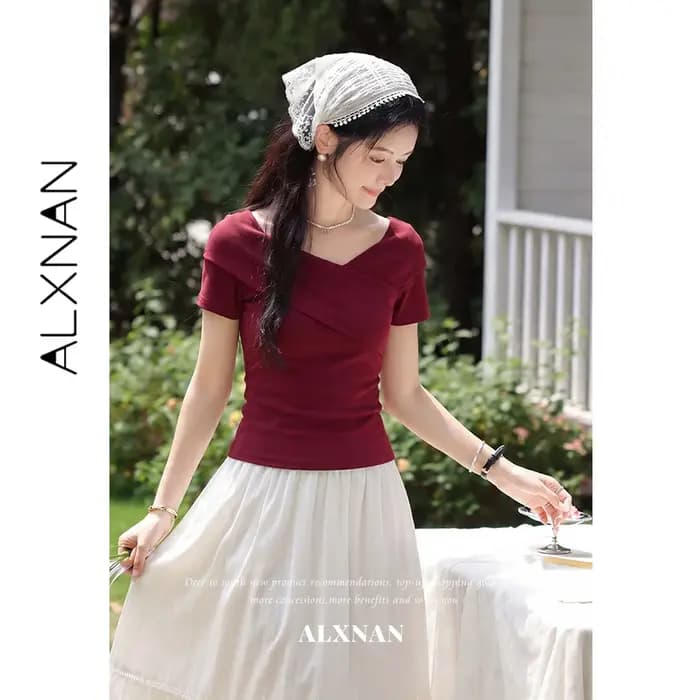 ALXNAN T-shirts noirs 2026 – Nouveauté été – T-shirt en maille à col en V croisé et manches courtes pour femme – Élégant
