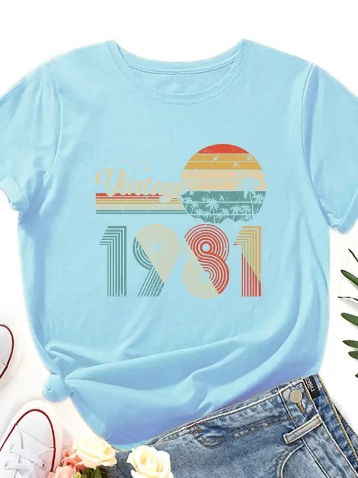 T-shirt manches courtes col rond femme, vintage, imprimé, 1981