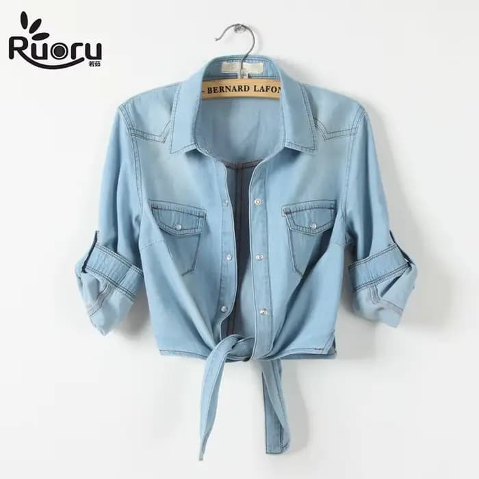 Chemise kimono en denim à manches courtes pour femmes