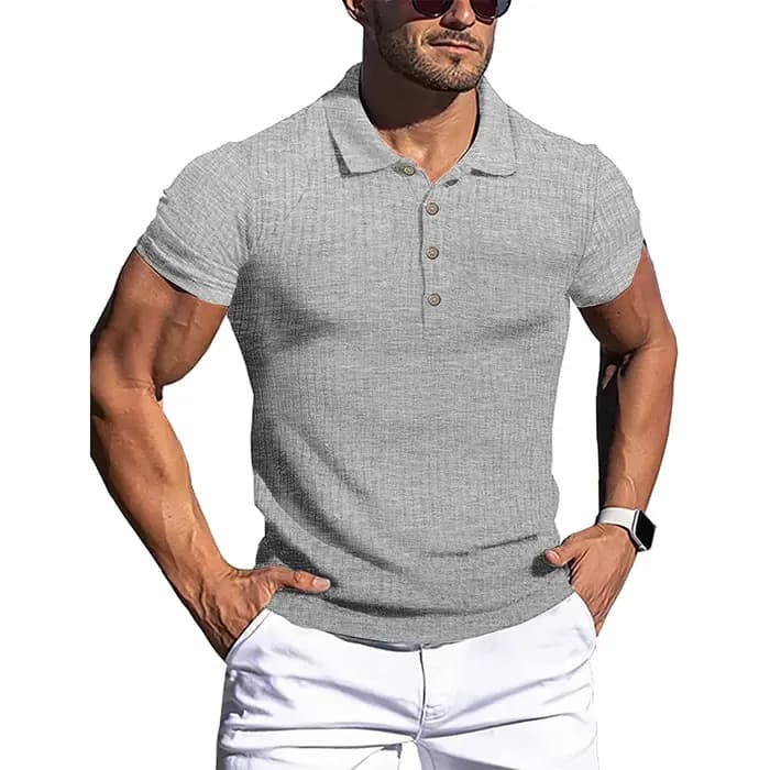 Polo à manches courtes pour hommes, chemises à col montant, rayures solides, fitness, élasticité, mo