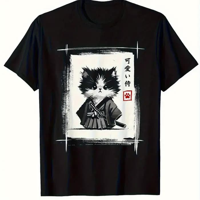 T-shirt imprimé Kawaii Chat Samouraï Art à l'encre japonaise, motif Chat mignon Katana Kanji, Street