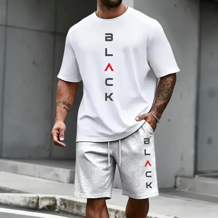 Ensemble T-shirt et short imprimé lettres noires pour homme – Tenue décontractée sportive d'été à manches courtes – Mode urbaine Streetwear