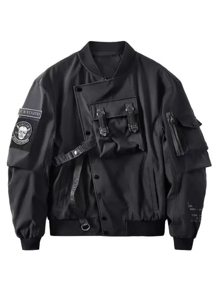 God of Death Bomber Jacket Poitrine Poche Techwear Hommes Punk Hip Hop Tactique Streetwear Noir Vars