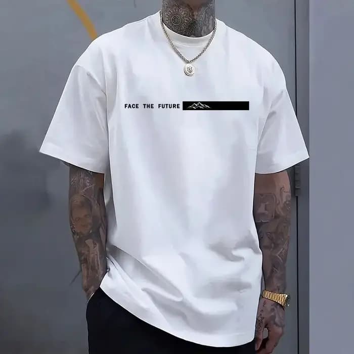 T-shirt Homme Imprimé « Face the Future » – Collection Été 2026 – Décontracté Quotidien – Manches Courtes – 100% Coton Doux – Vêtements pour Hommes