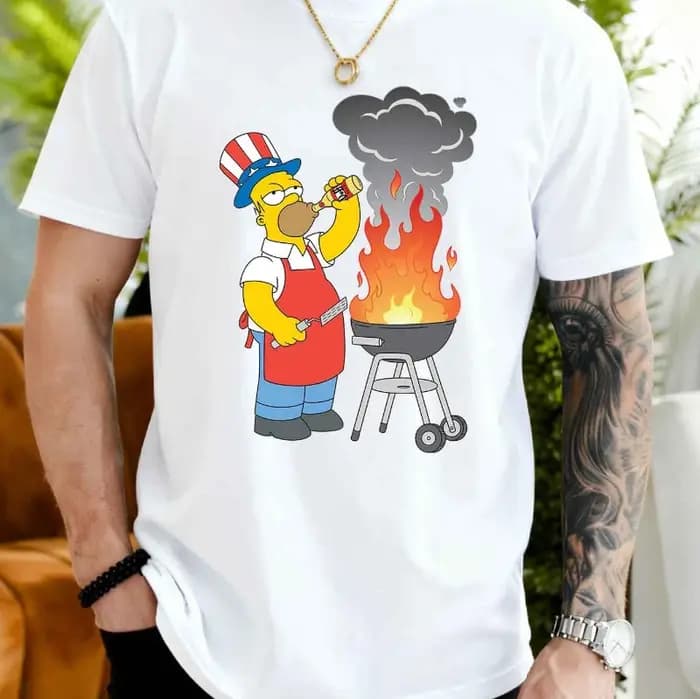 T-shirt décontracté à manches courtes pour homme, été, tailles S-5XL. Motif imprimé barbecue de la famille Simpson Homer. T-shirt unisexe autorisé Simpson