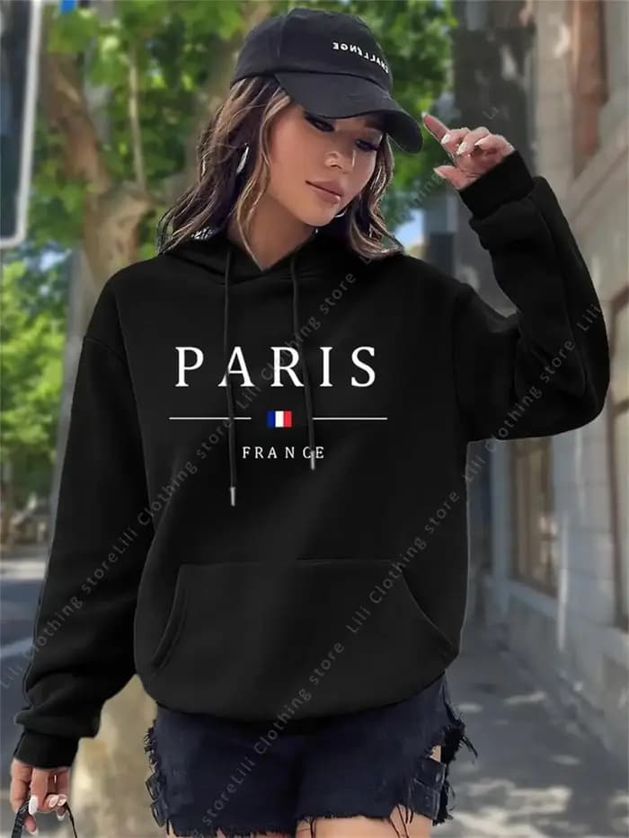 Sweat à capuche graphique PARIS pour femme – Pull-over esthétique Y2K