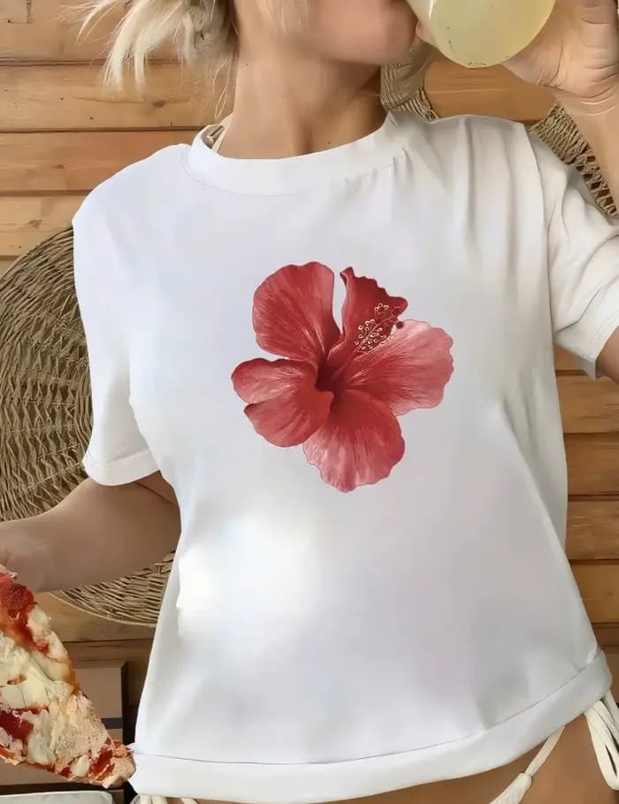 Cerise imprimé femmes mode T-Shirt haut col en o t-shirts graphique fleuri à manches courtes vêtements femme décontracté Streetwear
