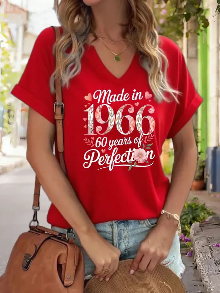 T-shirt graphique col en V pour femme « Made in 1966 », T-shirt imprimé « 60 ans de perfection », haut décontracté à manches courtes pour anniversaire