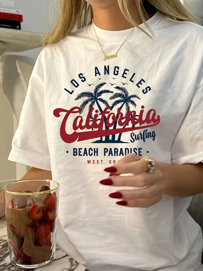 T-shirt pour femme Los Angeles California Surfing - Motif plage rétro, haut décontracté d'été