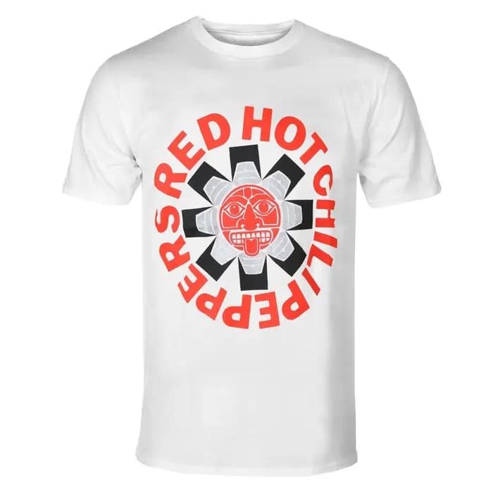 T-shirt graphique du groupe Red Hot Chili Peppers avec lettres rouges circulaires vieillies et étoil