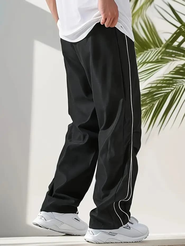 Pantalon droit de sport uni régulier pour hommes avec cordons et ceinture élastique, conception de s