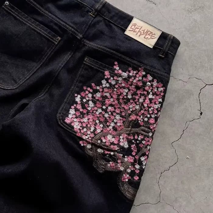Y2K Harajuku jean Goth vintage fleur de prunier motif brodé pantalon à jambes larges hommes femmes denim tissu style