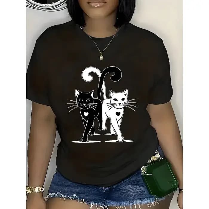 T-shirt imprimé chat pour femme T-shirt à manches courtes pour femme Vêtements décontractés conforta