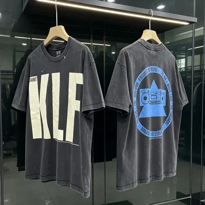 T-shirts Saint en Coton de Haute Qualité, Style Rétro Américain Streetwear, Effet Délavé et Imprimé Craquelé, Col Rond, Manches Courtes KLF pour Hommes et Femmes