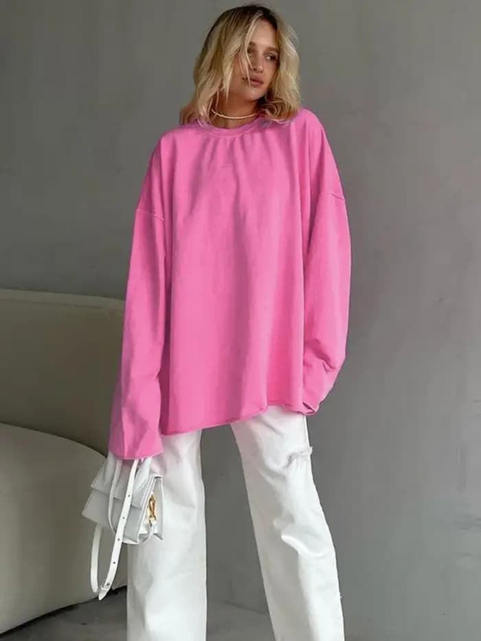T-Shirts roses Streetwear 2025 col rond à manches longues pull décontracté hauts femmes automne mince