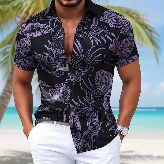 Chemise hawaïenne tropicale à motif feuilles de palmier pour homme, chemise boutonnée à manches courtes avec impression 3D, bleu noir violet vert