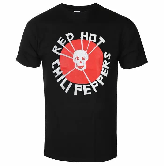 T-shirt graphique du groupe Red Hot Chili Peppers avec lettres rouges circulaires vieillies et étoile à huit branches blanche rayée