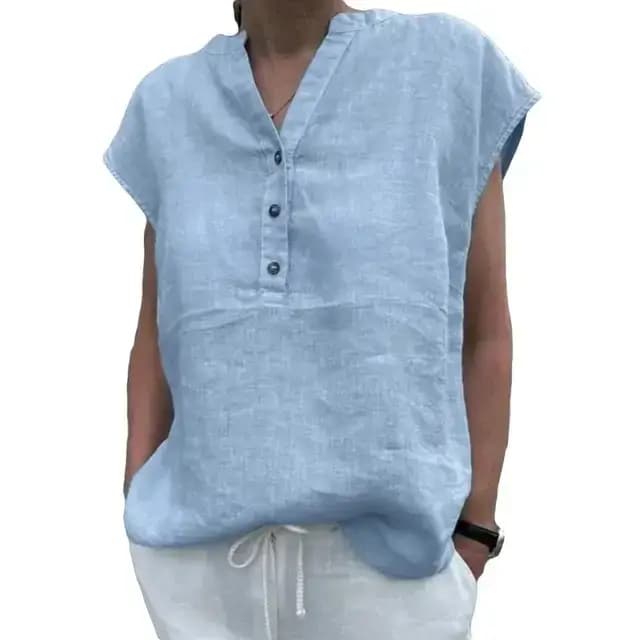 Femmes T-shirt coton lin été Blouse couleur unie Simple à manches courtes col en V séchage rapide vêtements quotidiens Ropa Mujer Blusas