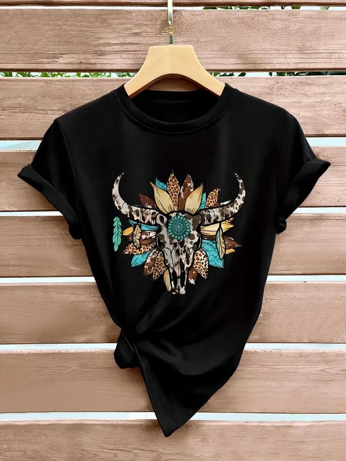 T-shirt imprimé tête de vache, haut décontracté à manches courtes et col rond pour l'été et le print