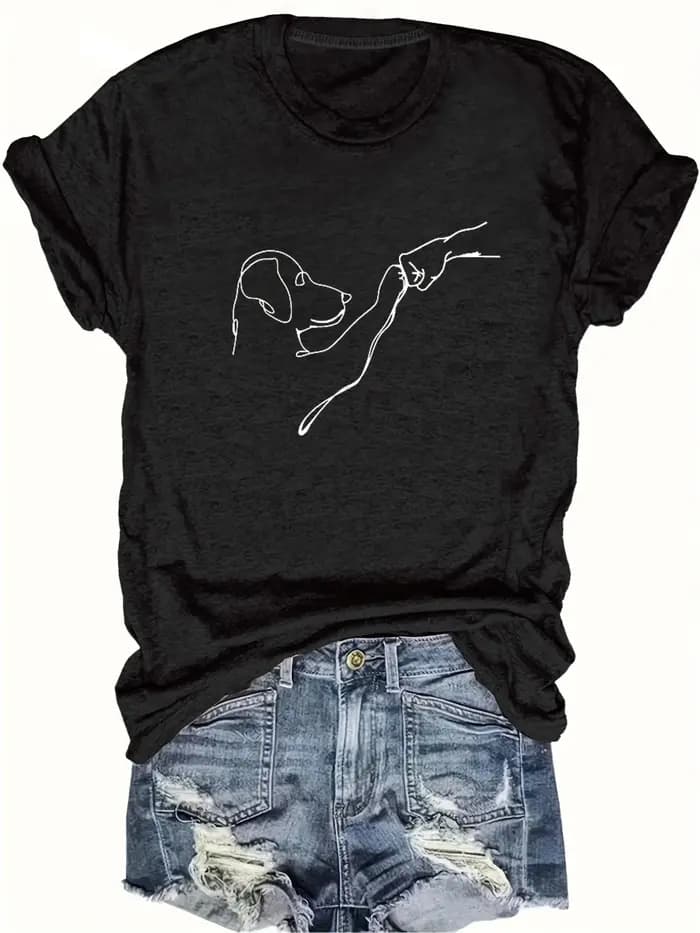 T-shirt imprimé chien et main, haut décontracté à manches courtes et col rond pour le printemps et l