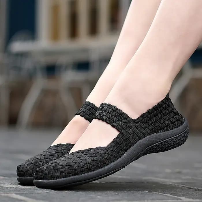 Femmes tissé baskets sans lacet plat femme chaussures de sport antidérapant doux femme chaussures d'été loisirs mocassins noir Sneaker grande taille
