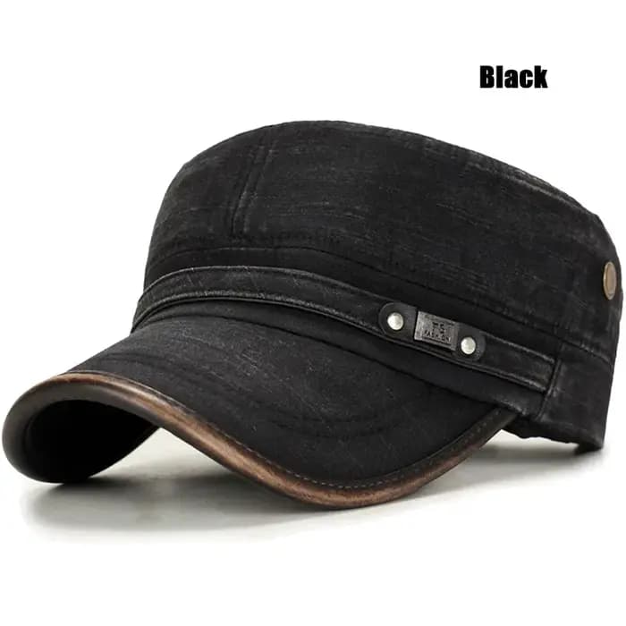 Casquette plate réglable en coton délavé à bord en cuir pour école militaire, chapeau de soleil, cas