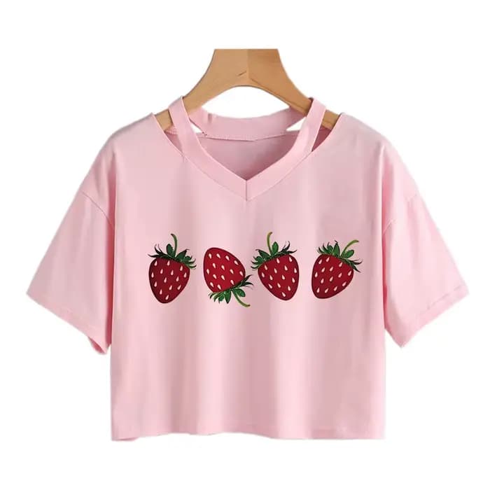 T-shirt court imprimé motif fraise, col rond, manches courtes, pour femme, vêtement décontracté prin