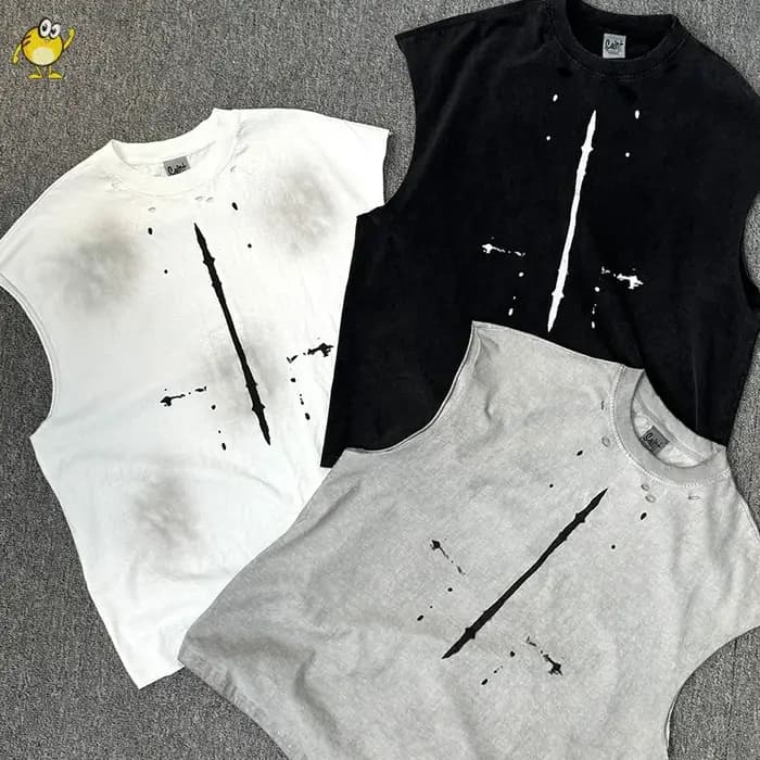 Sans manches Saint réservoir T-shirt hommes femme rétro trou lavé vieux Streetwear bonne qualité surdimensionné haut d'été noir blanc gris