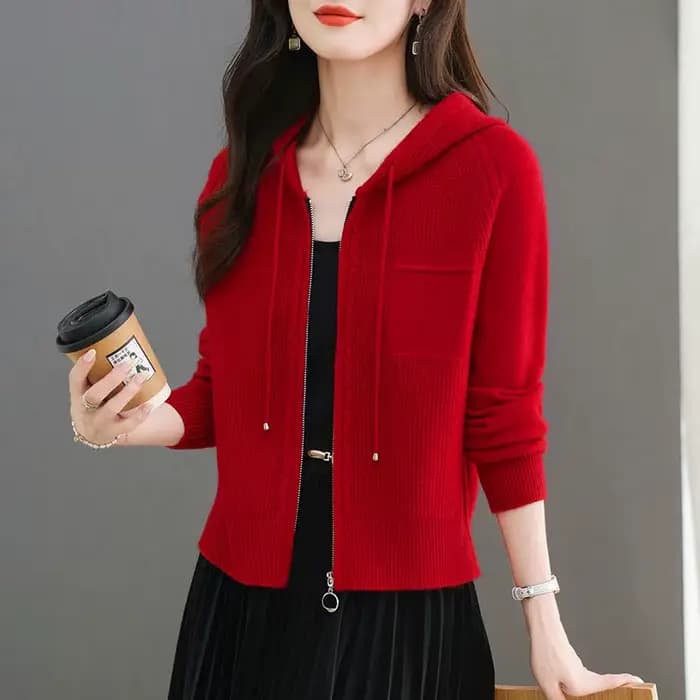 Cardigan tricoté à capuche rouge Rose pour femmes