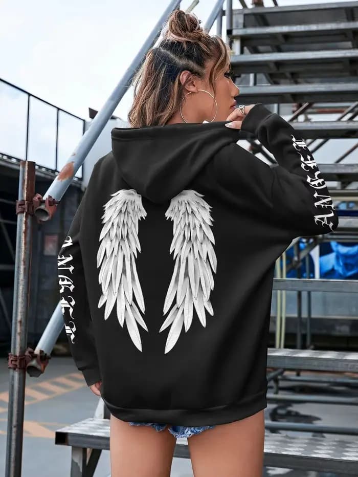 Sweat à capuche imprimé belles ailes d'ange pour femmes