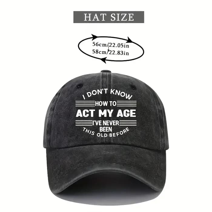 Casquette de baseball unisexe imprimée « ACT MY AGE », effet délavé, réglable, style Y2K à visière courbée, accessoire de mode tendance pour les voyageurs