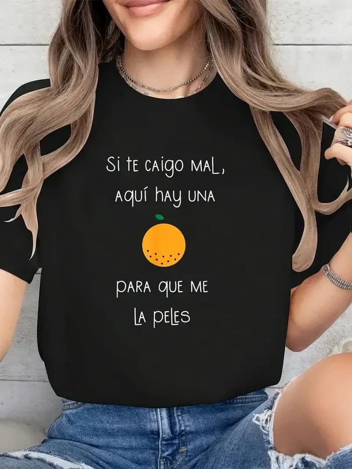 T-Shirt graphique Orange Humor espagnol- "Si Te Caigo Mal..." citation drôle col rond hauts femmes t-shirts graphiques été Streetwear