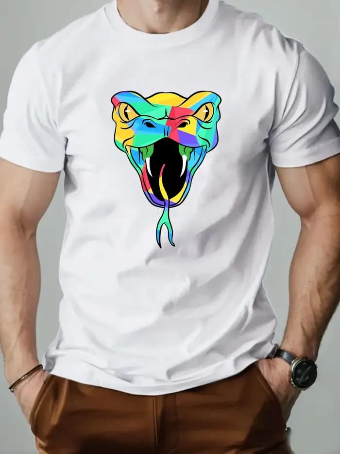 T-Shirt homme 100% coton dessin animé Animal serpent imprimé été surdimensionné col rond respirant décontracté manches