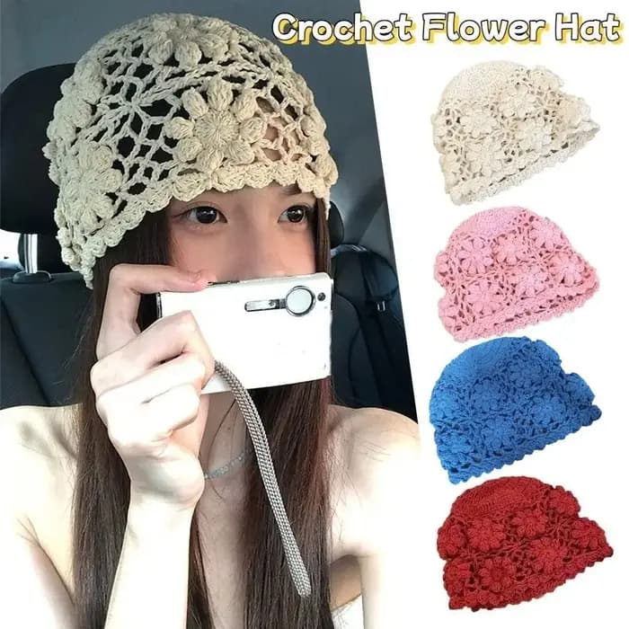Bonnet Y2K mignon fait main en crochet à motif floral ajouré
