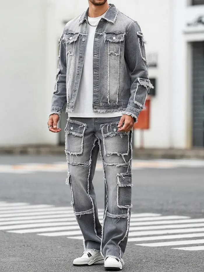 Ensemble en denim gris délavé à ourlet brut