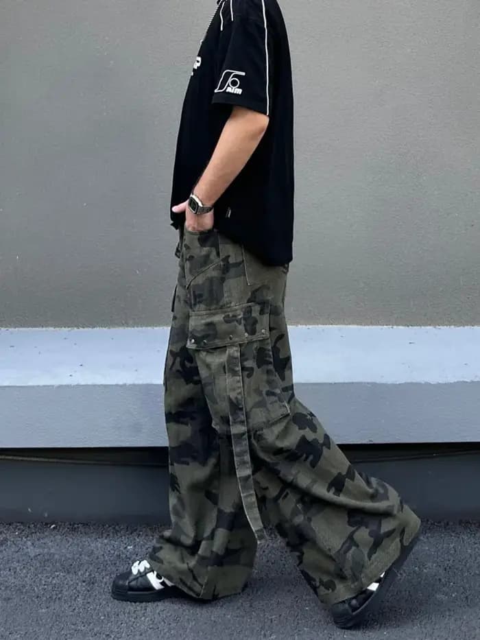 Nouveau Jean Cargo Baggy Camouflage Streetwear Cyber Y2K 2026 pour Homme – Coupe Droite Multi-Poches Hip Hop