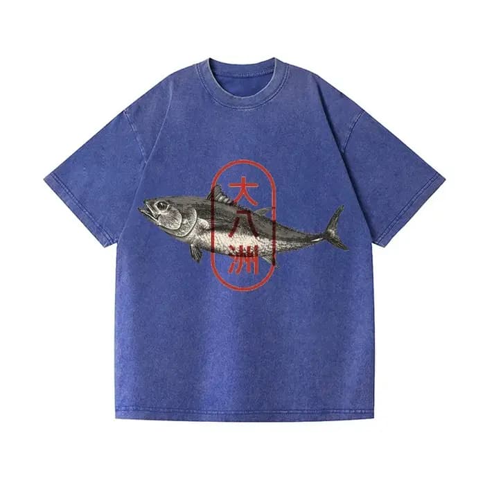 Mode d'été 100% coton lavé acide T-shirts hommes grandes huit îles du japon thon poisson Vintage lavage Design japonais