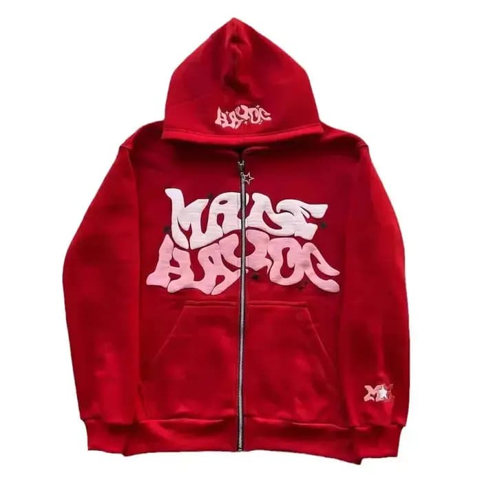 Sweat-shirt à capuche avec fermeture éclair et lettres américaines rétro