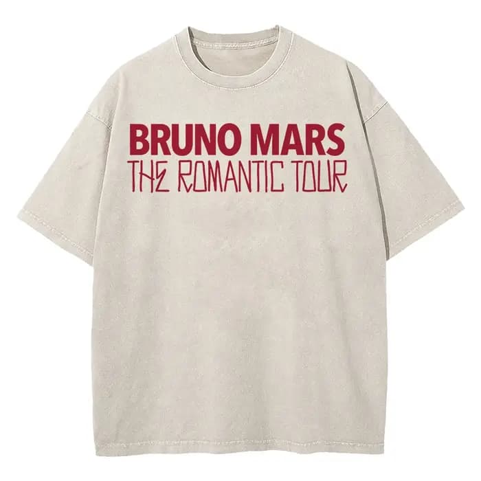 T-shirt 100% coton vintage lavé Bruno Mars The Romantic Tour 2026 Mode Homme/Femme Rétro Surdimensio