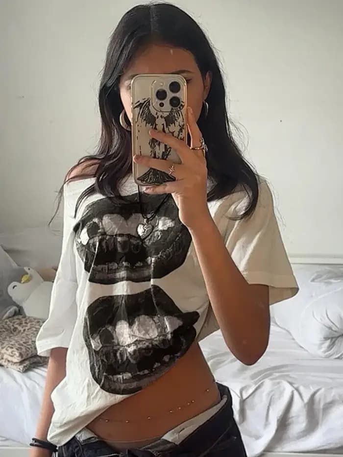 American Street Hip Hop bouche imprimé T-shirt ample femmes personnalisé haut décontracté