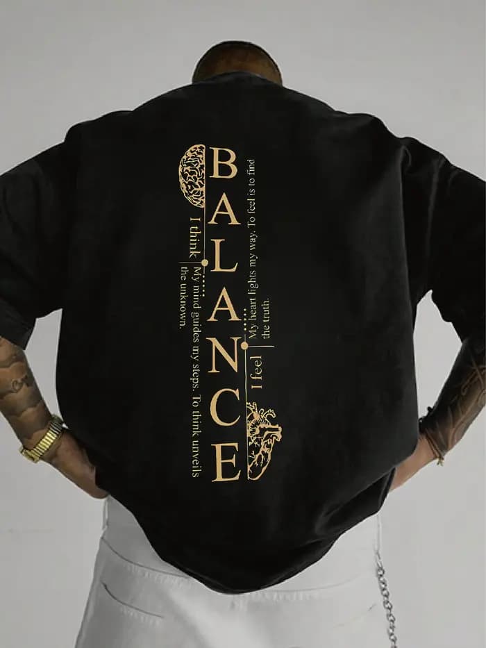 T-shirt bleu simple à manches longues avec slogan spirituel "BALANCE" imprimé, adapté aux loisirs qu