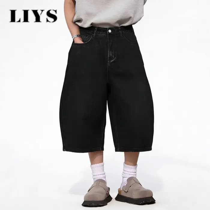 LIYS Short en jean ultra ample style américain rétro noir pour homme et femme