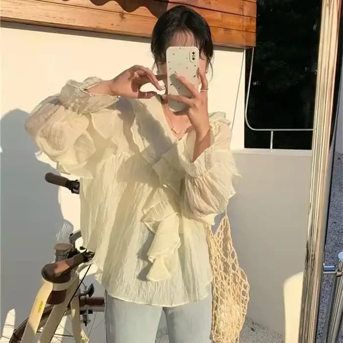 Xgoth à volants col en v manches à bulles Blouses femmes vêtements printemps/automne nouveau élégant minceur