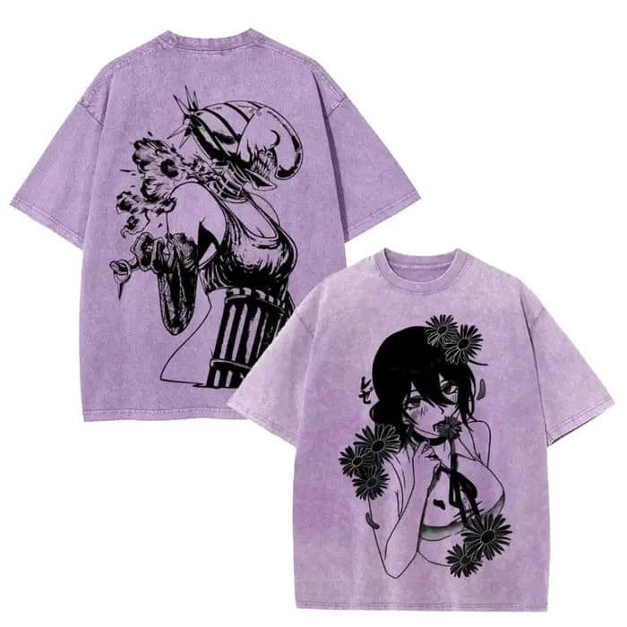T-shirt Anime Chainsaw Man Reze Vintage Gothique Délavé Oversize Homme Femme Vêtements Manches Courtes Coton Hauts