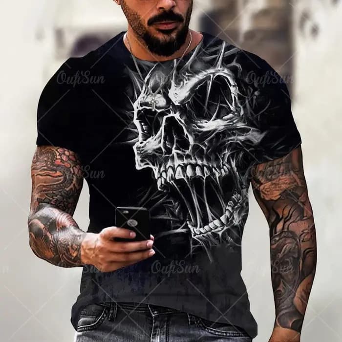 T-shirt imprimé tête de mort 3D rétro, hip hop, personnalité, super cool, horreur, décontracté, mode