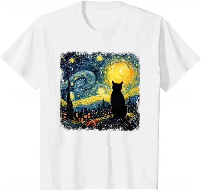 T-shirt pour femme motif Chat Nuit étoilée Van Gogh