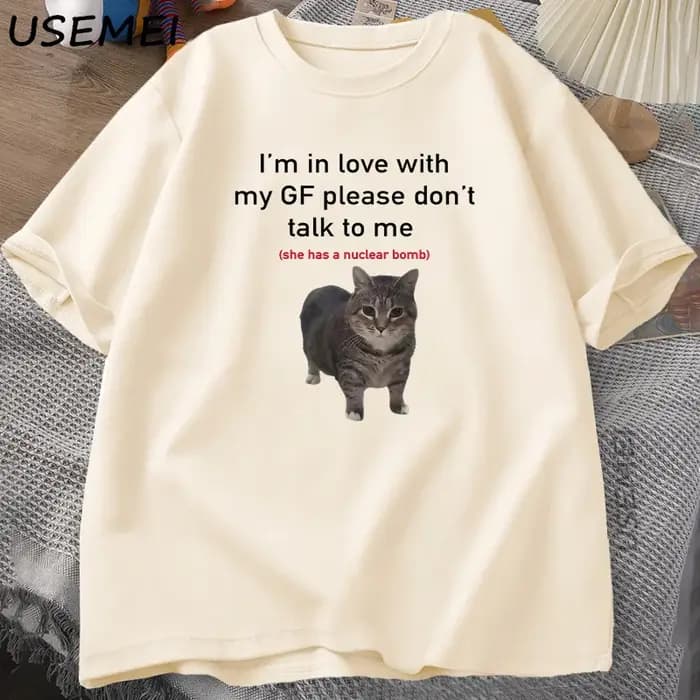 Je suis amoureux de mon GF drôle chat T-shirts petits amis coton ample col rond surdimensionné T-shirt hommes à manches
