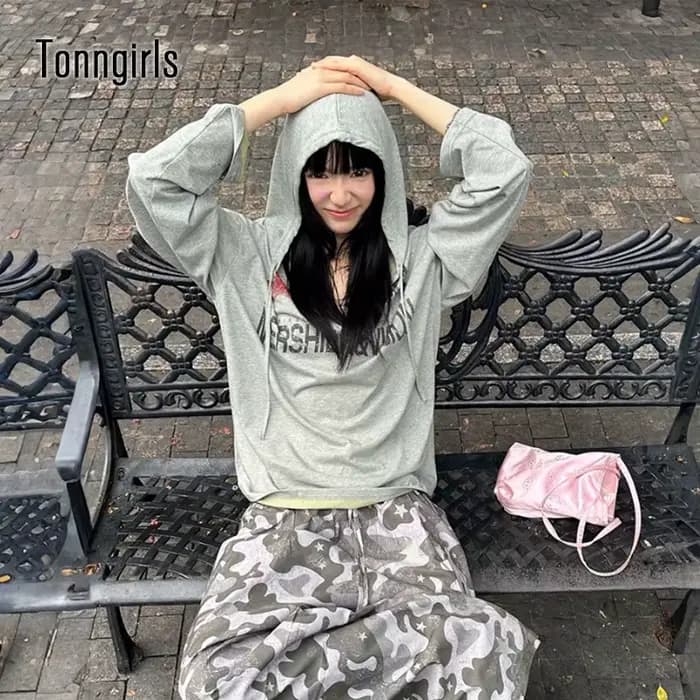 Tonngirls Y2k Vintage T-shirt femmes décontracté ample imprimé graphique hauts à capuche japonais an