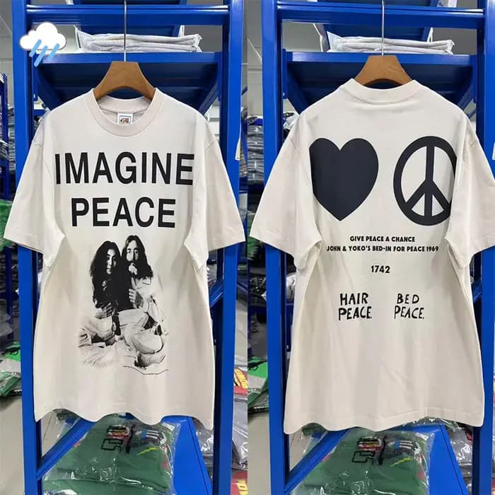 T-shirt décontracté d'été blanc ciment surdimensionné en coton pour hommes, femmes et unisexe, avec impression de slogan Saint IMAGINE PEACE