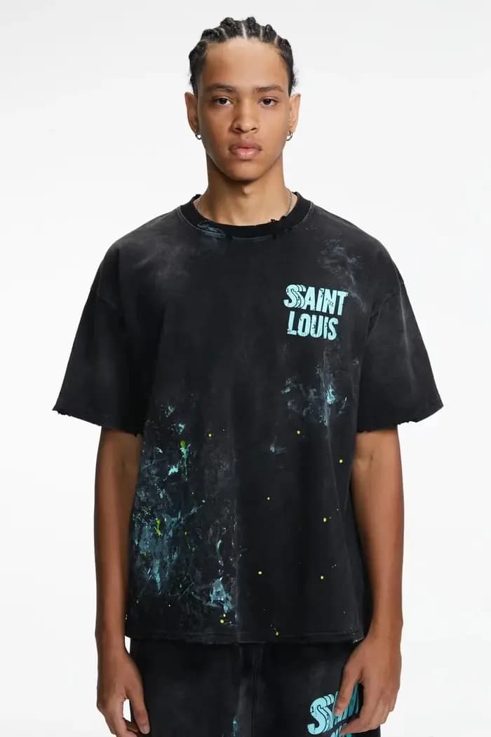 SSSAINT LOUIS fait à la main vieille et sale éclaboussures d'encre pour détruire le logo à manches c